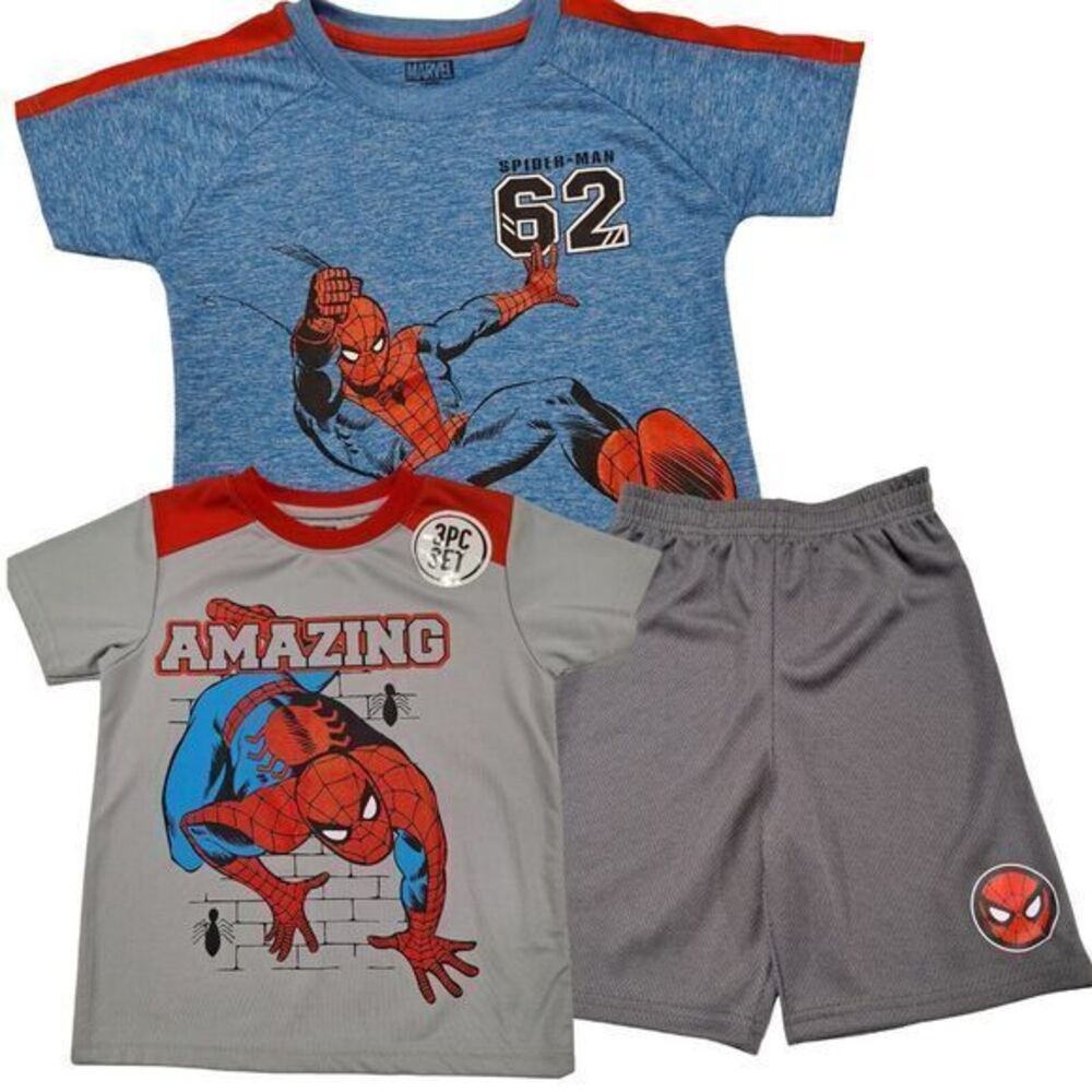 Marvel Spider-Man 3 Piece Set:‎ BlueT-shirt Grey T-shirt Shorts Size 5 New